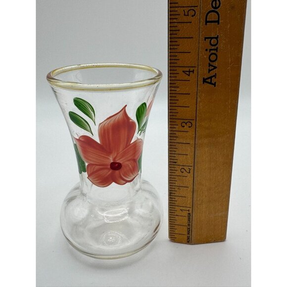 Vintage Bartlet Collins Clear Glass  Bud Vase Painted Flowers Gold Rim Pink 4" - Picture 5 of 5